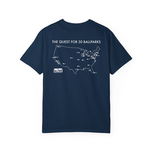The Quest for 30 Ballparks T-Shirt (Check Off Your Ballpark Progress) | At The Ballpark Apparel